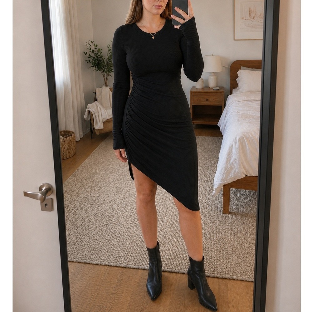 n:philanthropy Womens Ribbed Asymmetric Dress L Black Ruched Long Sleeve Edgy